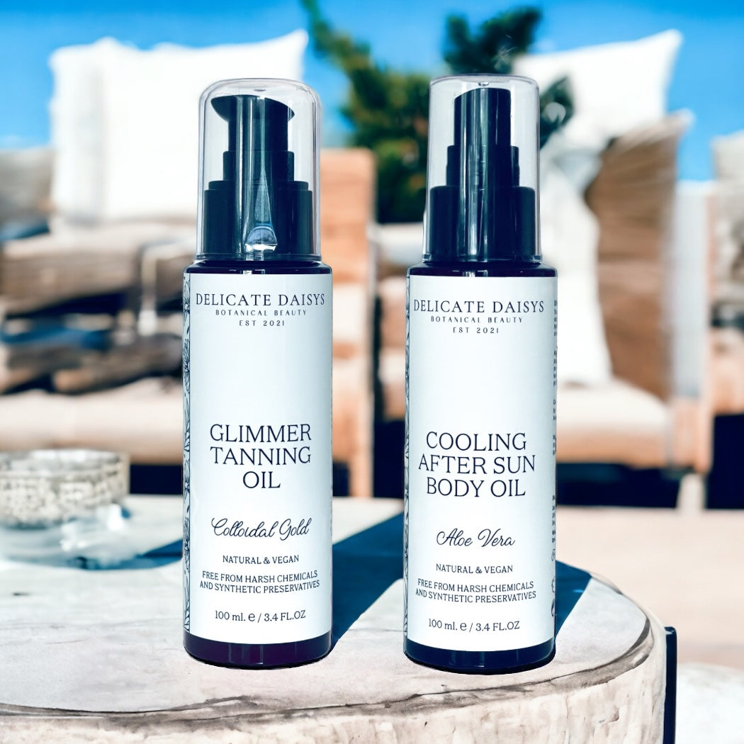 Delicate Daisys Sun-Kissed Body Oil Bundle; vegan aloe and shimmer oils for glowy summer skin