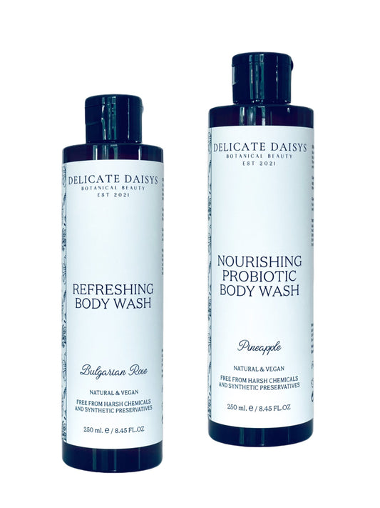 Delicate Daisys Body Wash Bundle vegan botanical cleansers for body care in Bulgarian rose + pineapple
